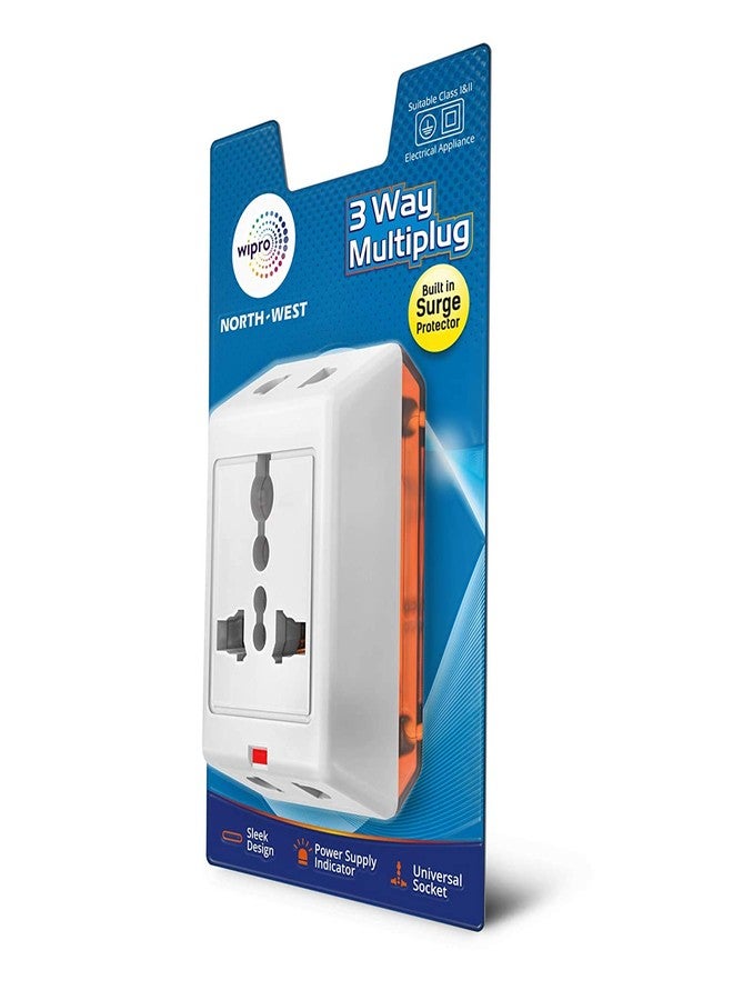 Wipro 3 Way Multiplug Adaptor with 1 Universal Sockets |Inbuilt Surge Protection & Power supply Indicator | Compact & Light weight | 6Amp Multiplug socket for Home, Office | Pack of 2 (White) - Image 1